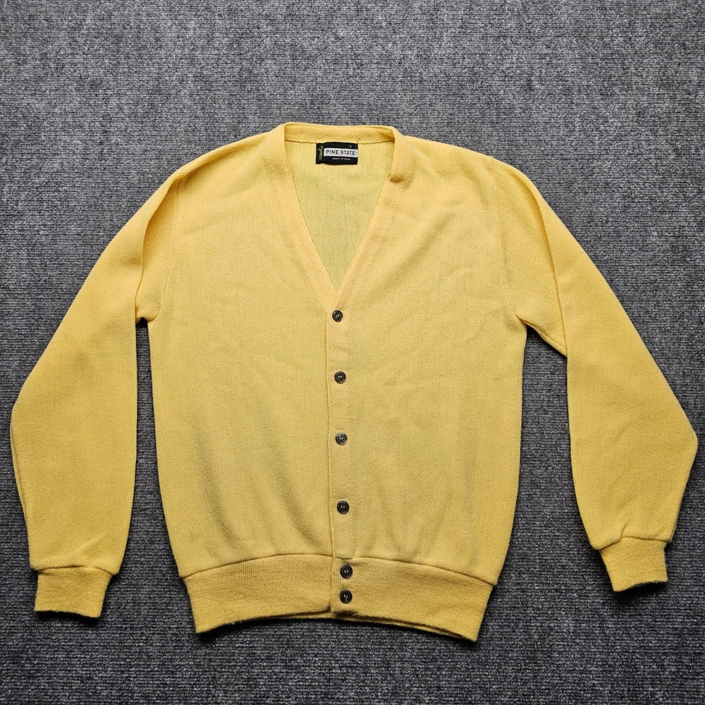 Vintage Pine State Yellow Cardigan Sweater Mens Small Made in USA V-Neck Button